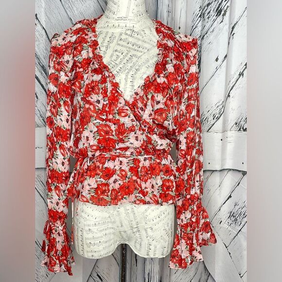 RIXO London Silk Floral Wrap Blouse Ruffle Trim Red M - Picture 1 of 7